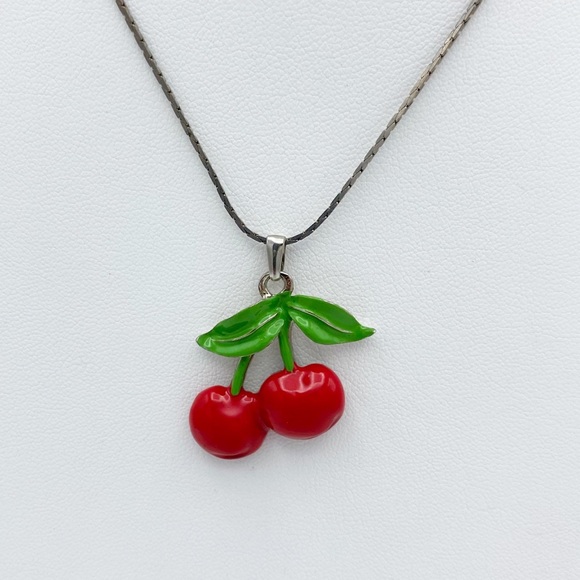 Cherry Pendant Red Green Enamel Silver Plated Chain Necklace - Picture 10 of 12